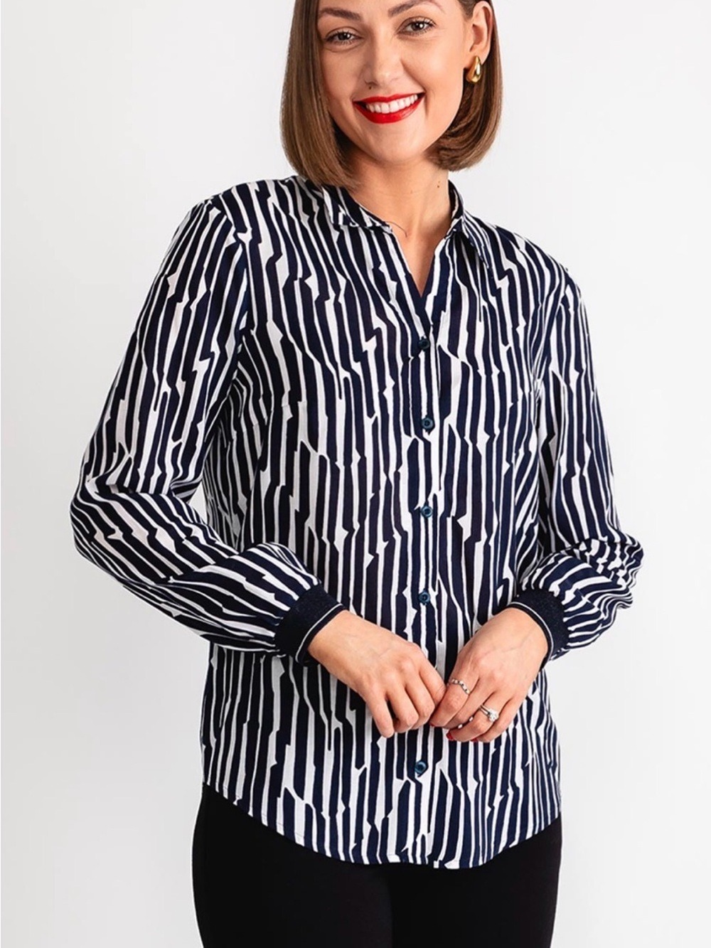 Rabe Abstract Print Button Down Shirt. Navy and White